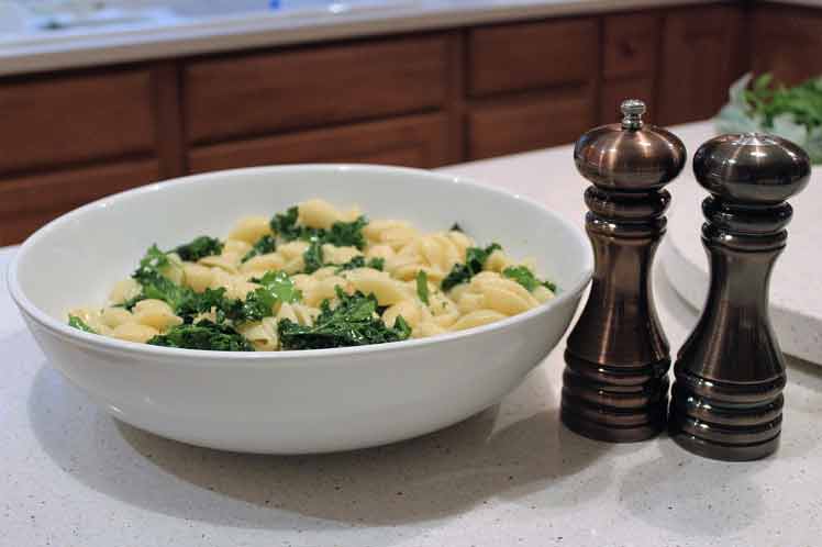 Koude pastasalade met verse spinazie